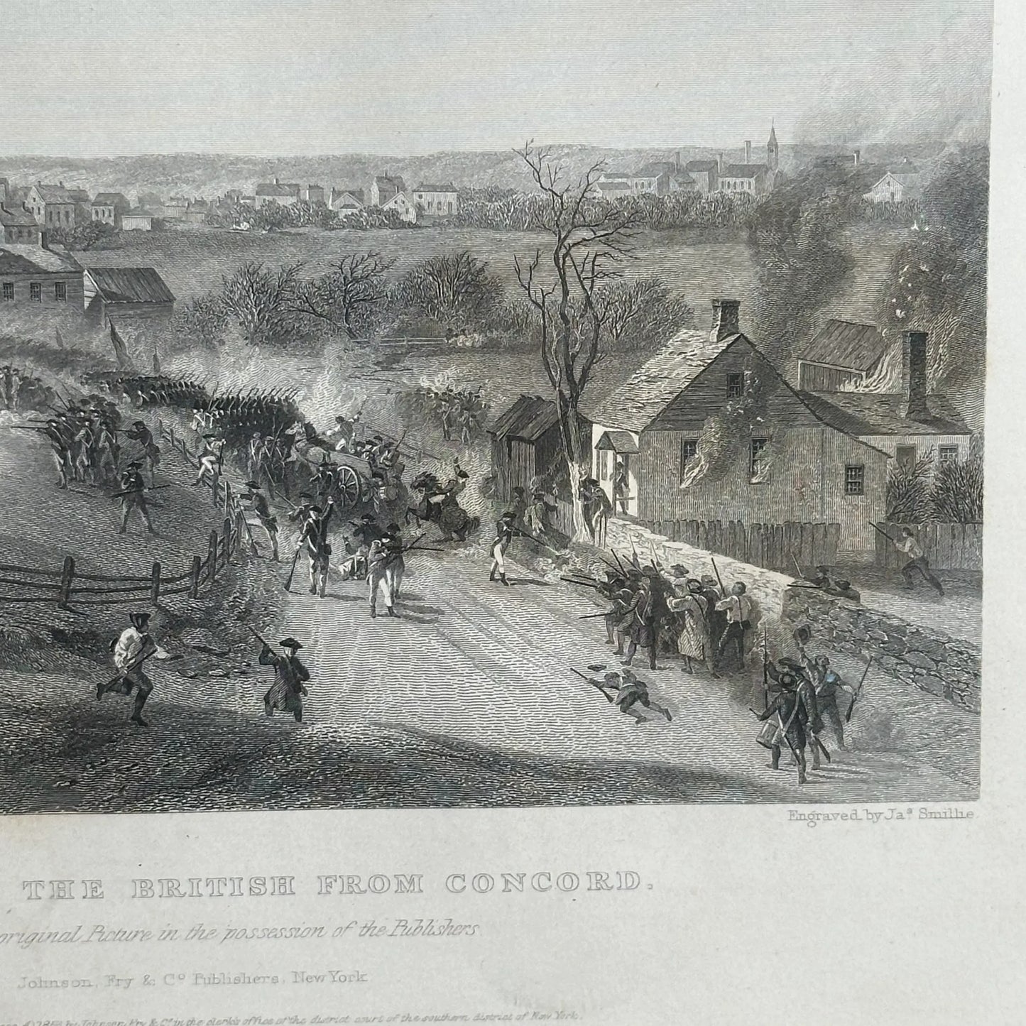 Retreat of the British from Concord — c. 1860 steel engraving — In an antique frame