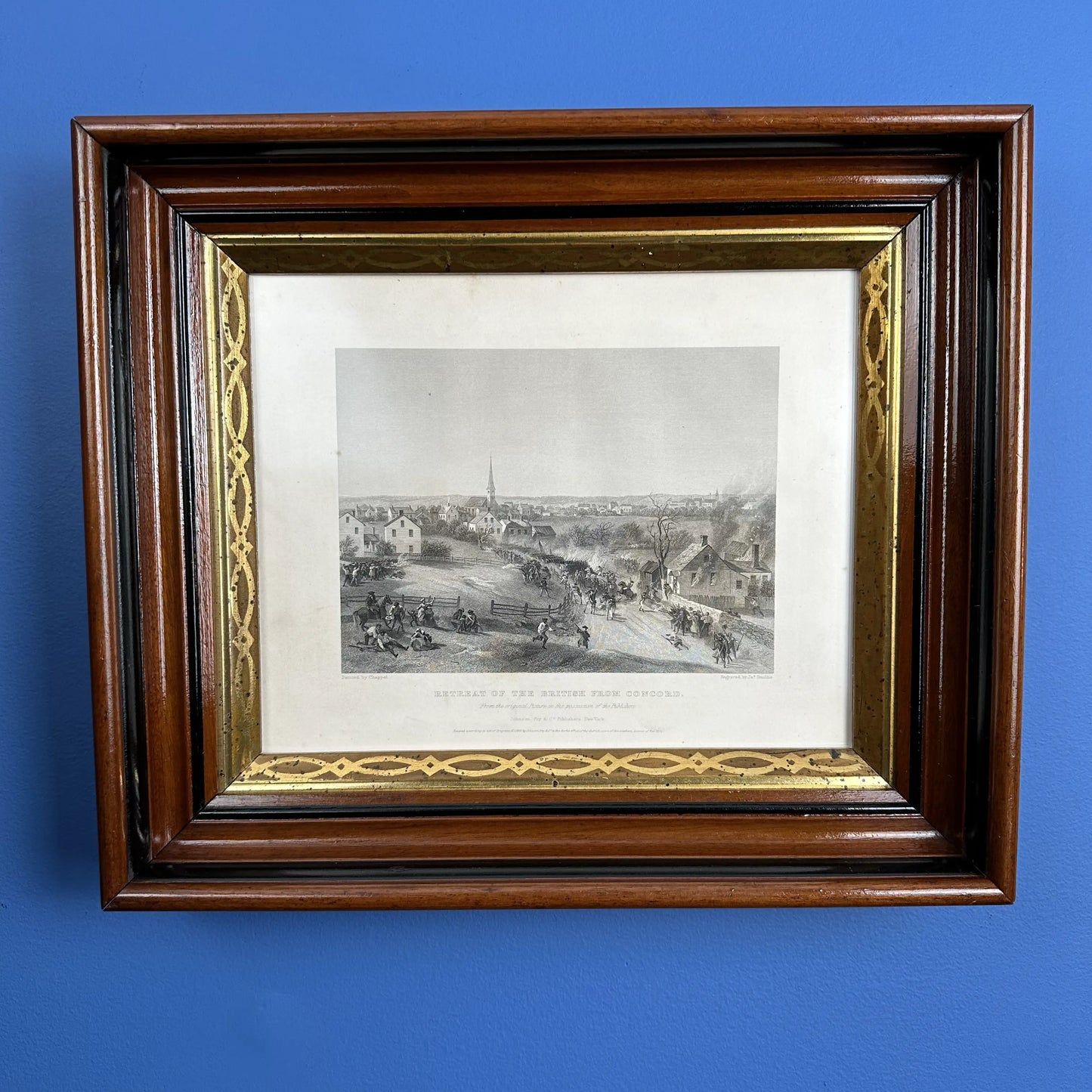 Retreat of the British from Concord — c. 1860 steel engraving — In an antique frame