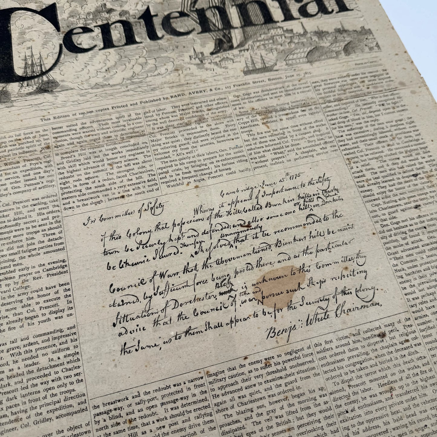 1875 "Bunker Hill Centennial" Commemorative Newspaper