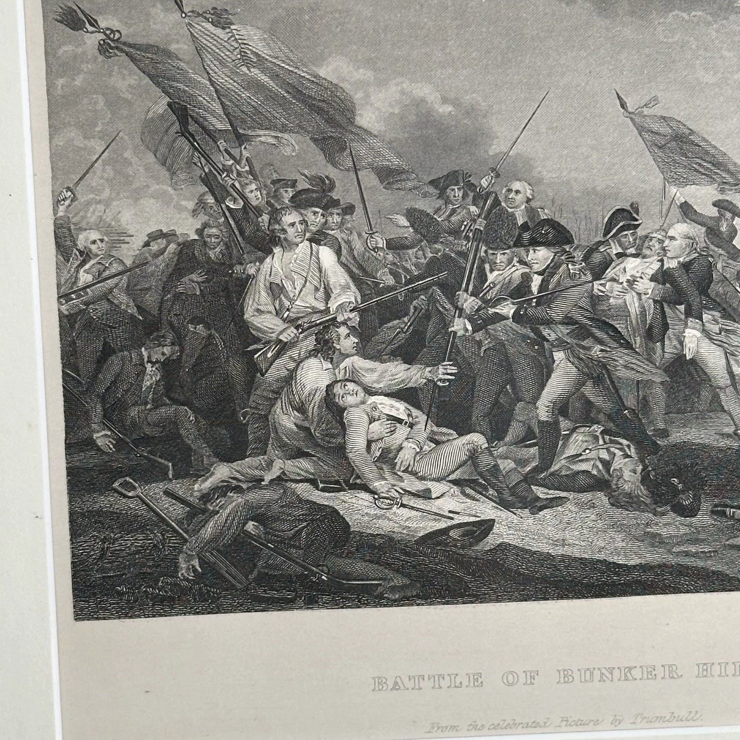 Battle of Bunker Hill Engraving of John Trumbull's famous painting - c. 1869 - In an antique frame