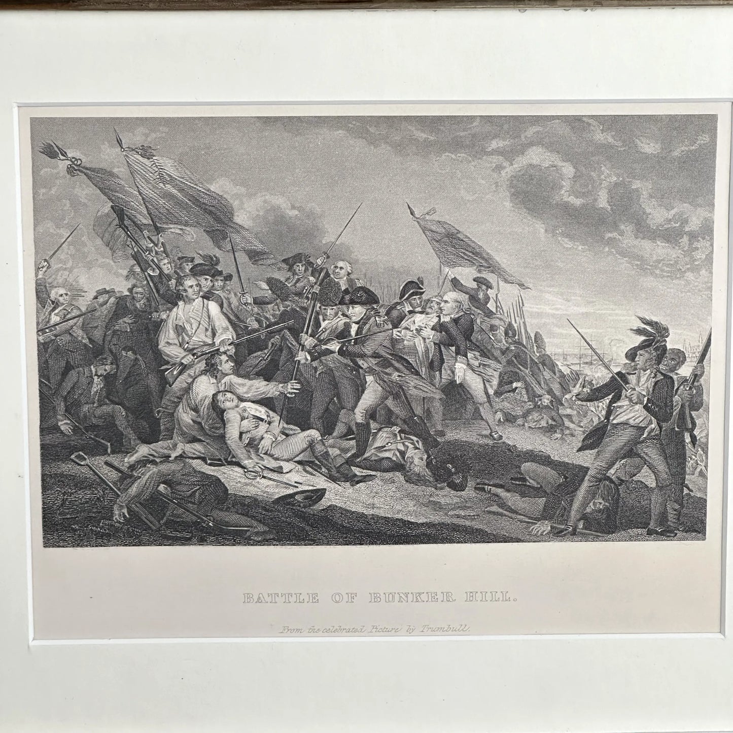 Battle of Bunker Hill Engraving of John Trumbull's famous painting - c. 1869 - In an antique frame