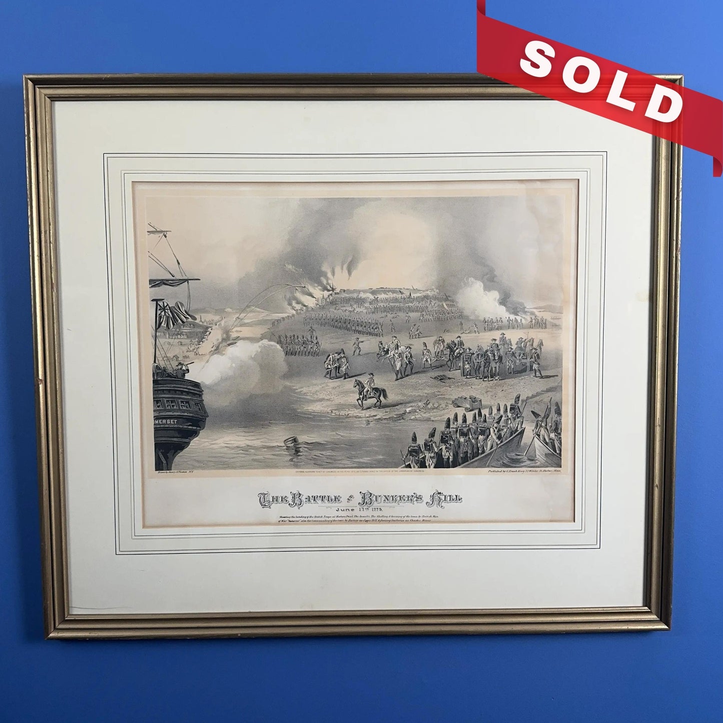 "The Battle at Bunker's Hill" — c 1870 print — Framed and matted