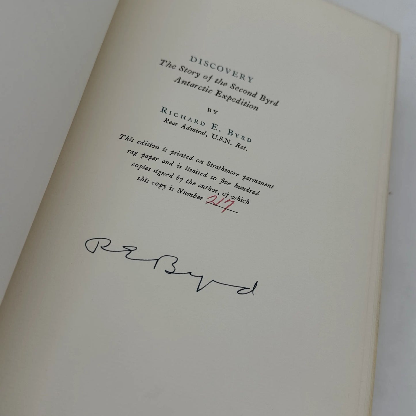 Limted edition signed by Admiral Byrd: "Discovery: The Story of the Second Byrd Antarctic Expedition" — 1935