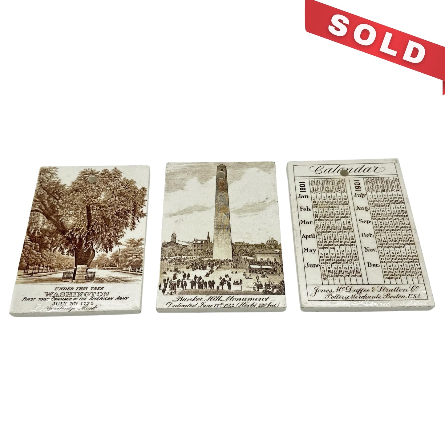 1899 and 1901 Calendar Tiles with Historic Scenes of Bunker Hill and the Washington Elm