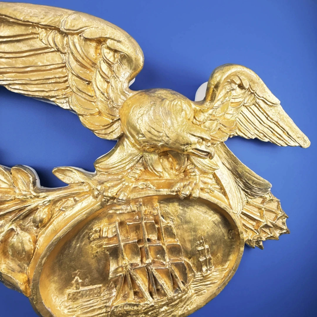 Carved gold leaf eagle with sailing ship — 42" wide — One of a kind