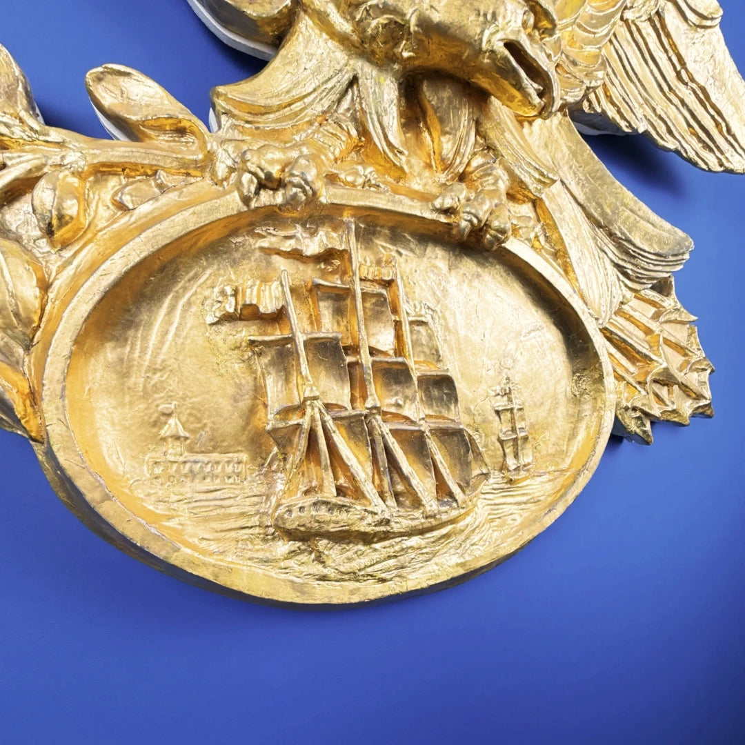 Carved gold leaf eagle with sailing ship — 42" wide — One of a kind