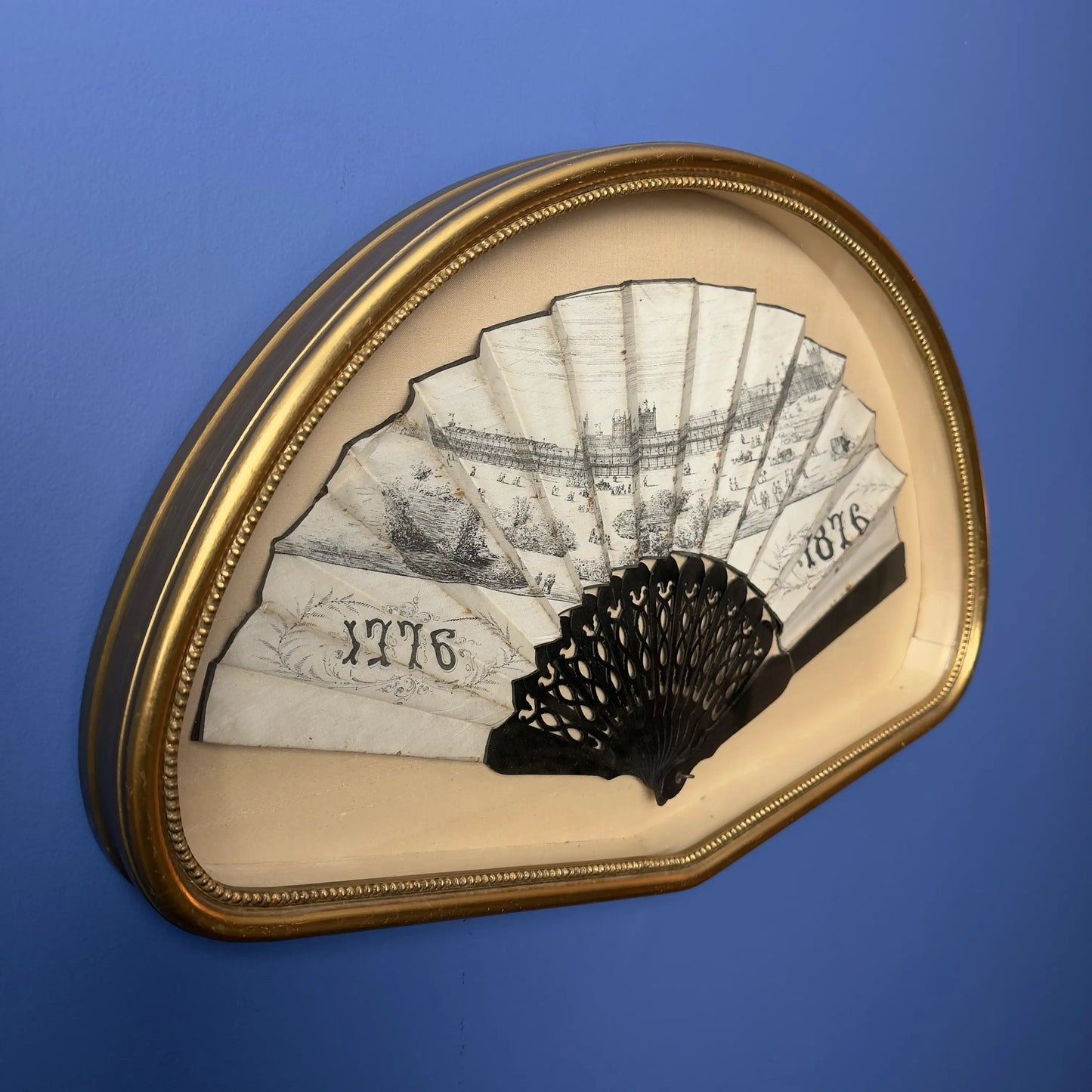 1876 Centennial Exposition Souvenir Fan — Framed in a gold custom display case