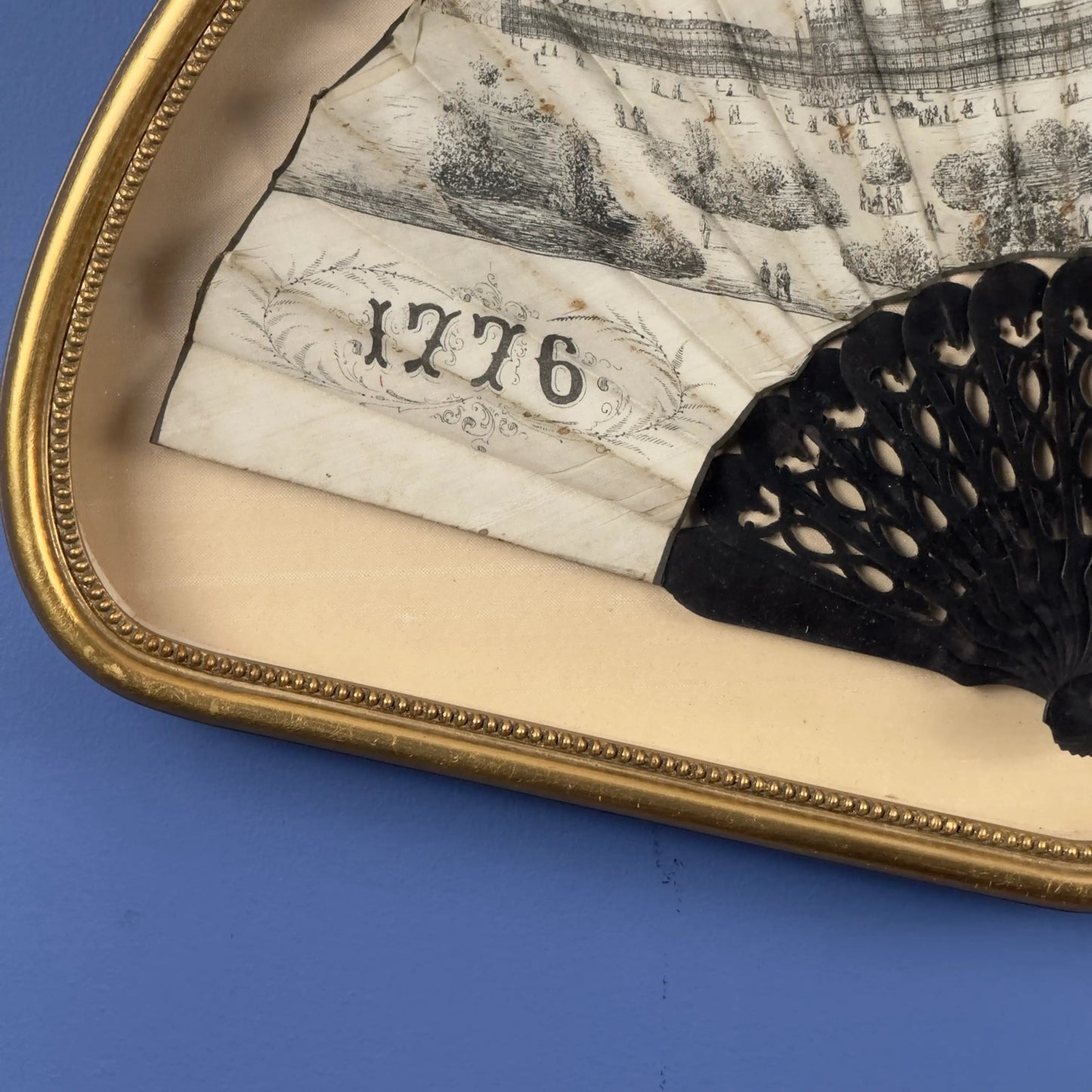 1876 Centennial Exposition Souvenir Fan — Framed in a gold custom display case