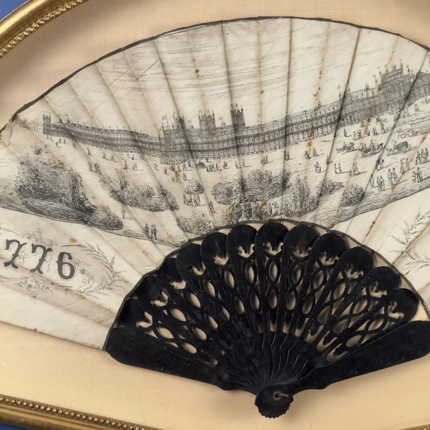 1876 Centennial Exposition Souvenir Fan — Framed in a gold custom display case