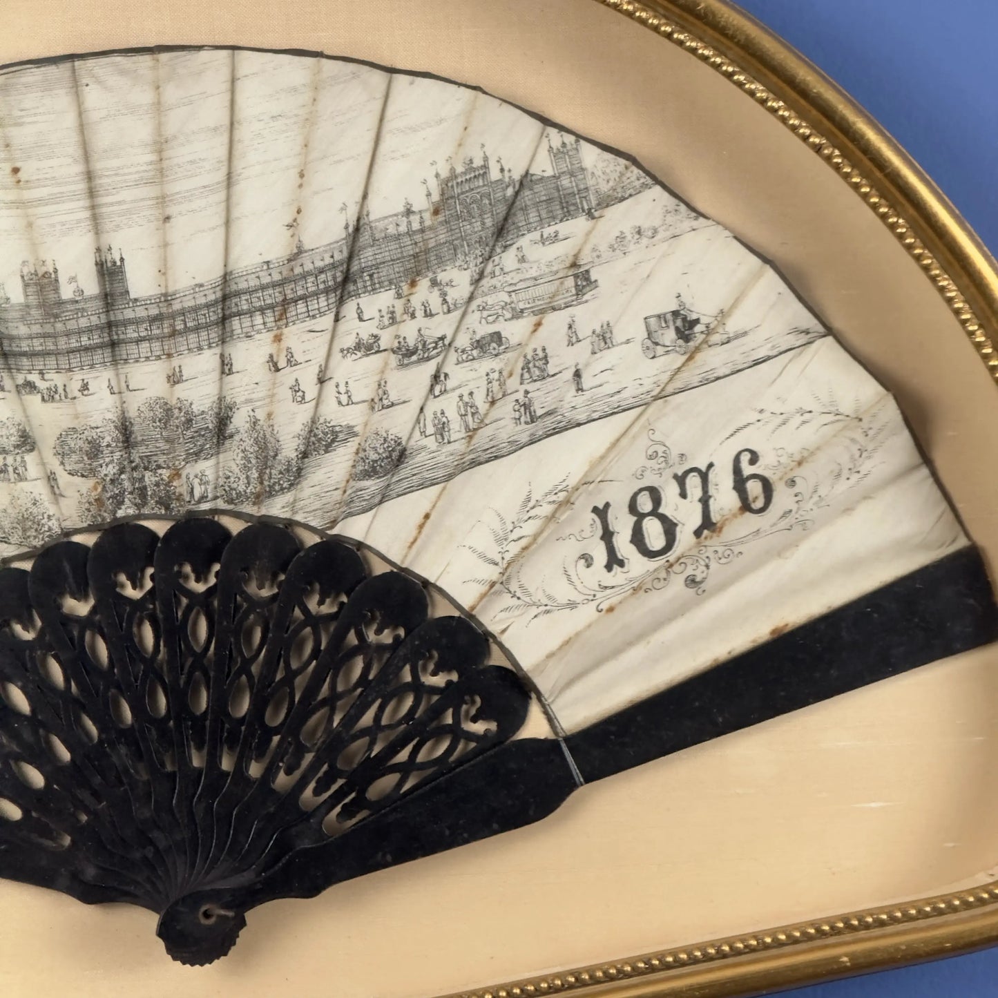 1876 Centennial Exposition Souvenir Fan — Framed in a gold custom display case