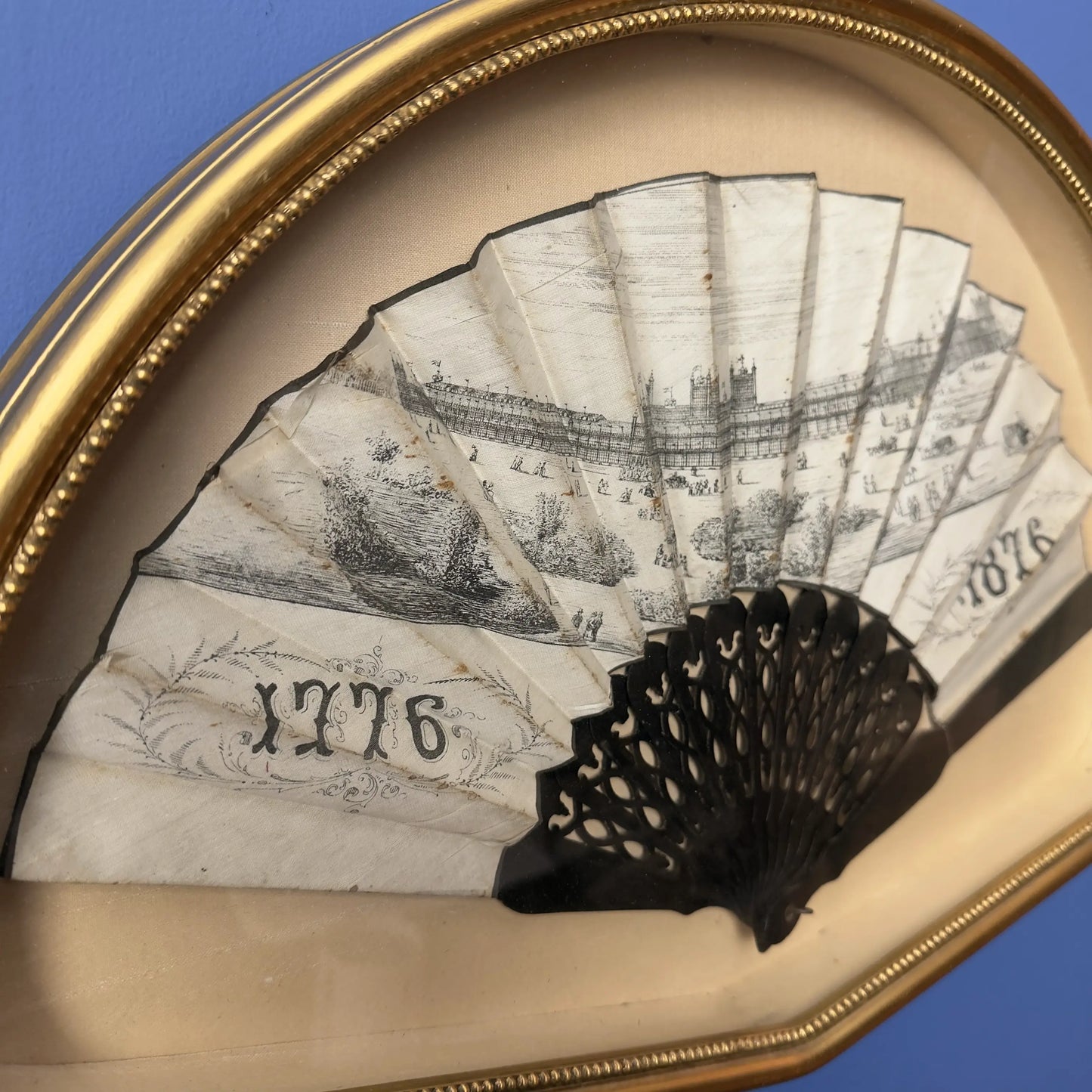 1876 Centennial Exposition Souvenir Fan — Framed in a gold custom display case