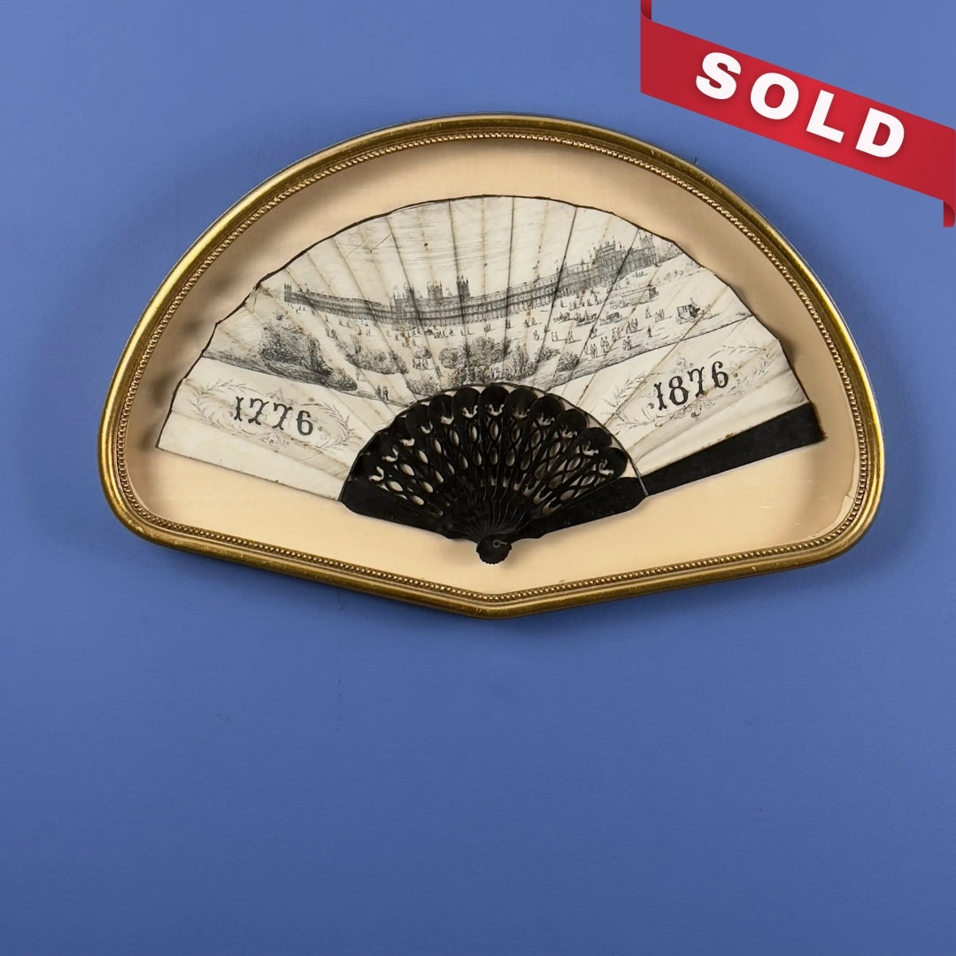 1876 Centennial Exposition Souvenir Fan — Framed in a gold custom display case
