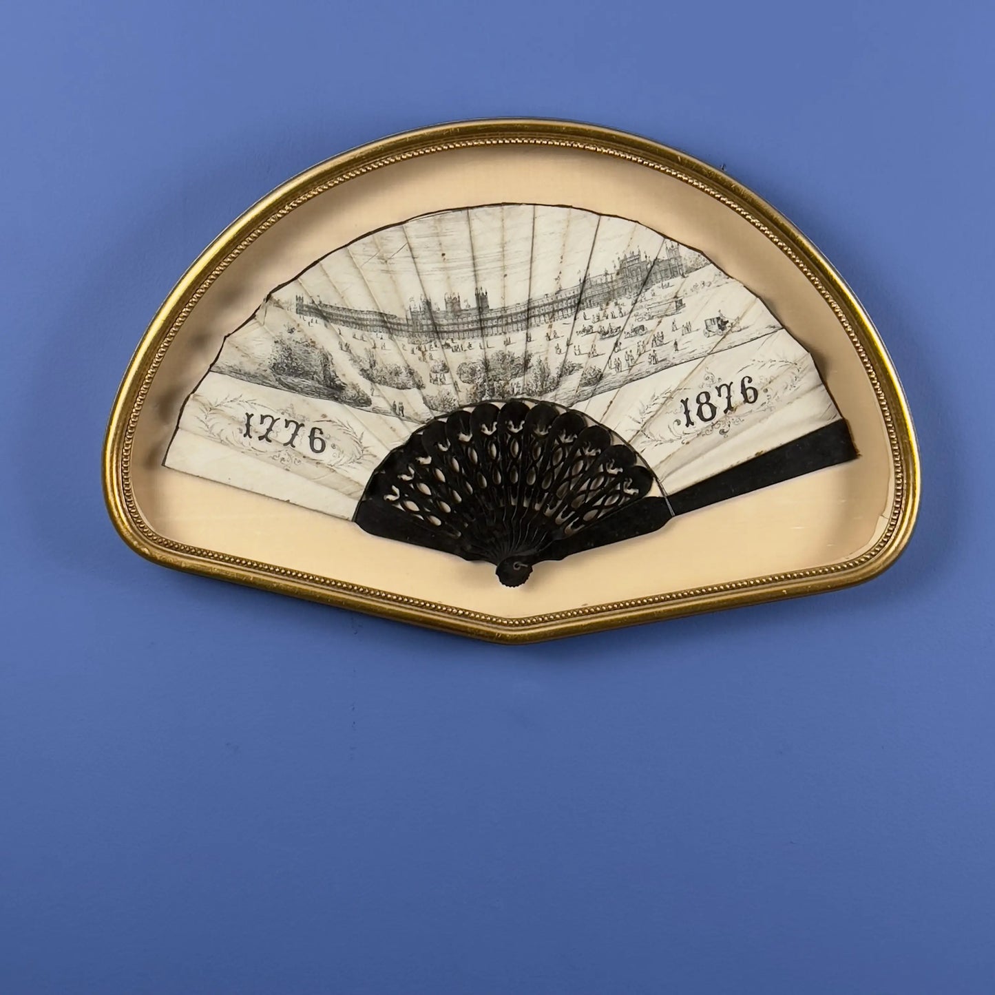 1876 Centennial Exposition Souvenir Fan — Framed in a gold custom display case