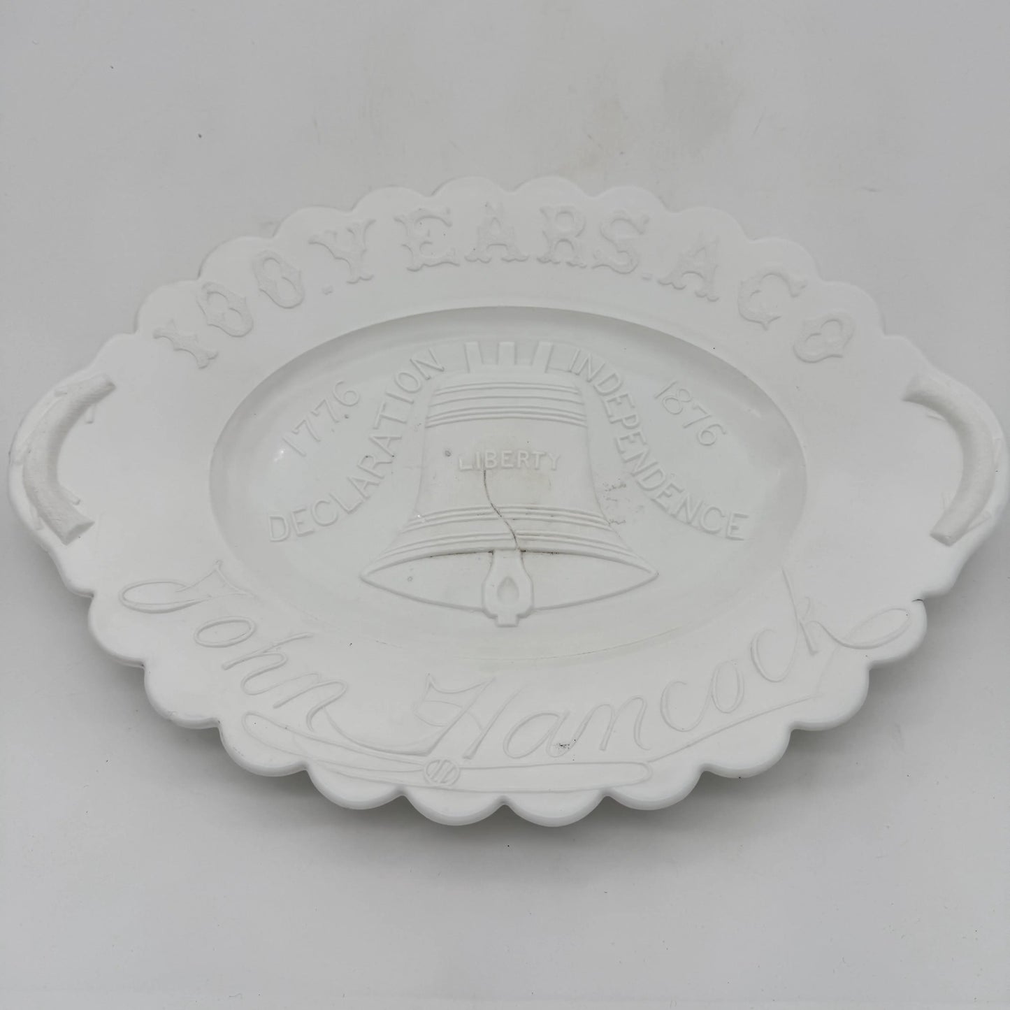 US Centennial Liberty Bell Milk Glass Small Platter — 1876