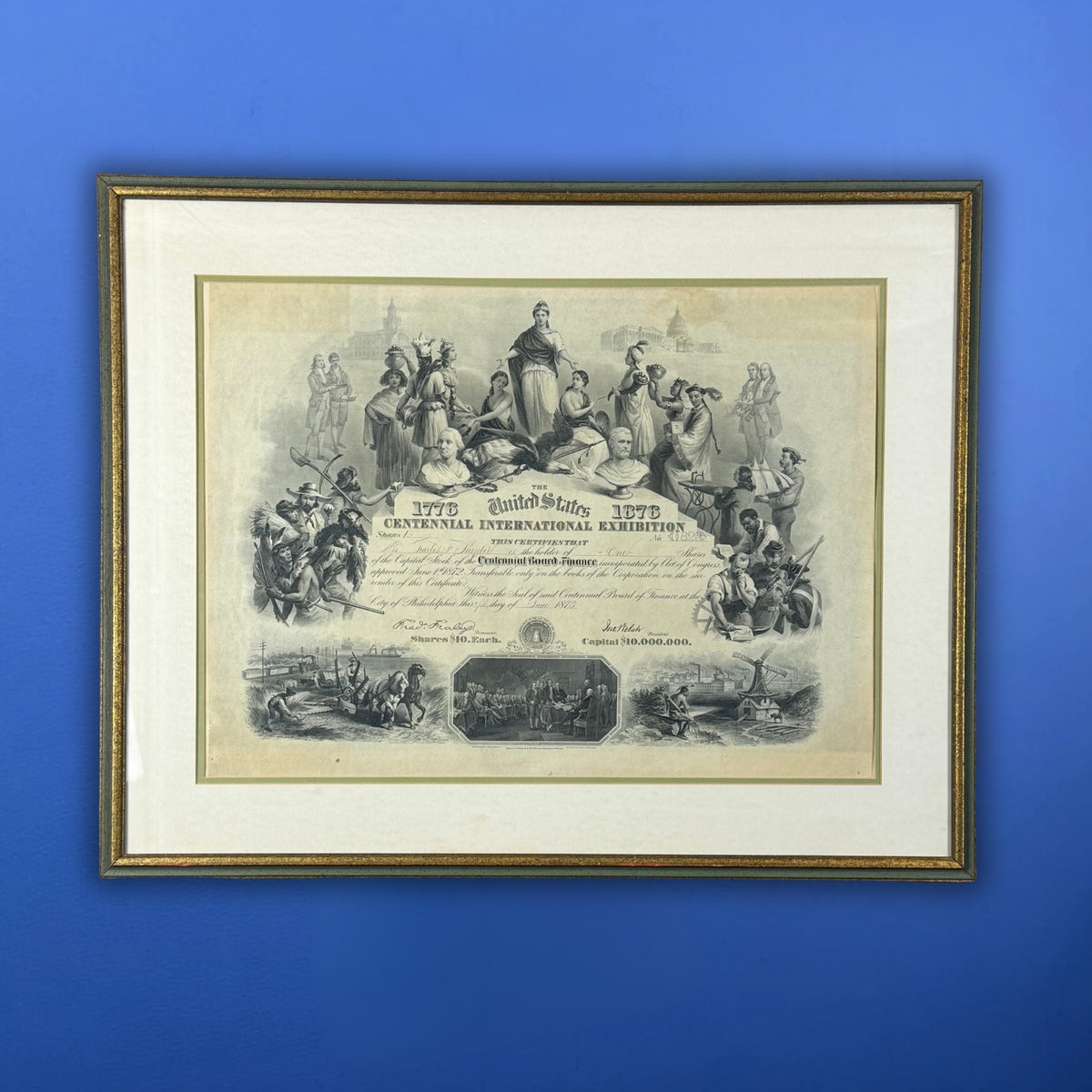 Stock Certificate for 1876 Centennial Exposition in Philadelphia — Framed