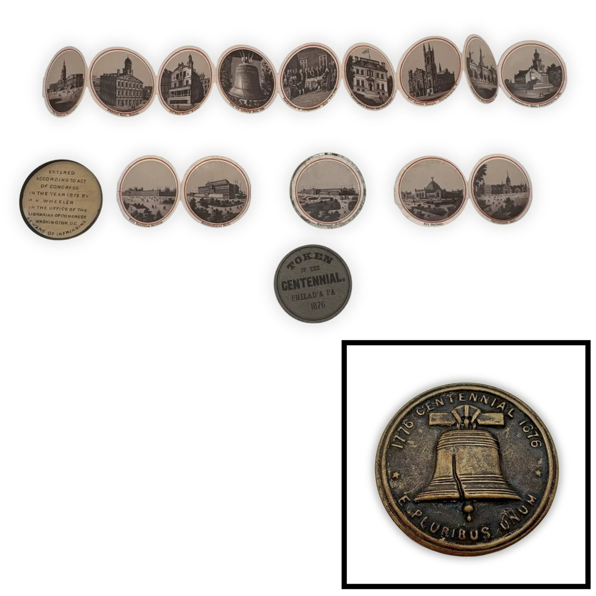Centennial "token" with 14 small photos of Philadelphia historic sites enclosed