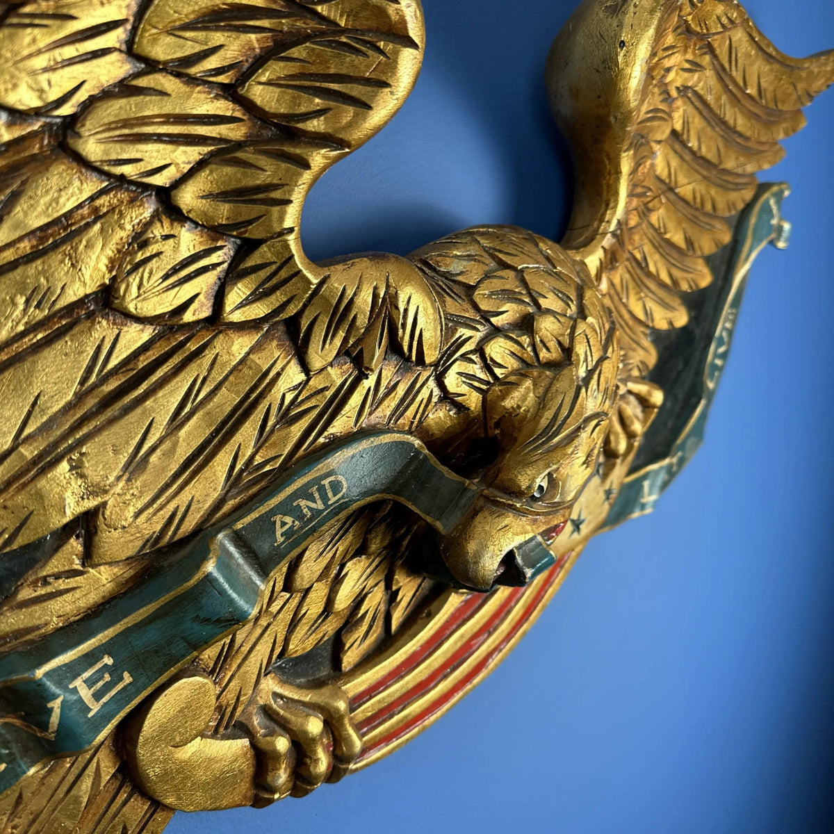 Carved wooden eagle — "Live and Let Live" — 36" wide – The History List