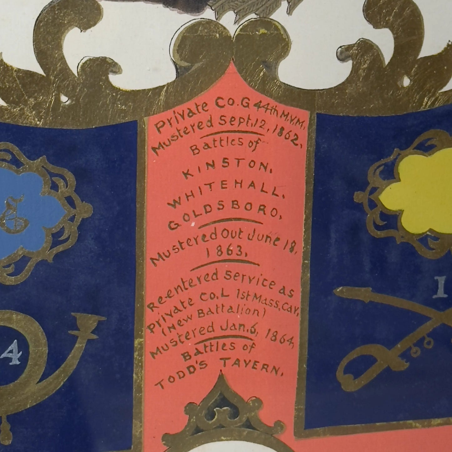Civil War Escutcheon — Framed — Walton Landor Raymond — 44th Massachusetts Volunteer Militia and the 1st Mass. Cav.