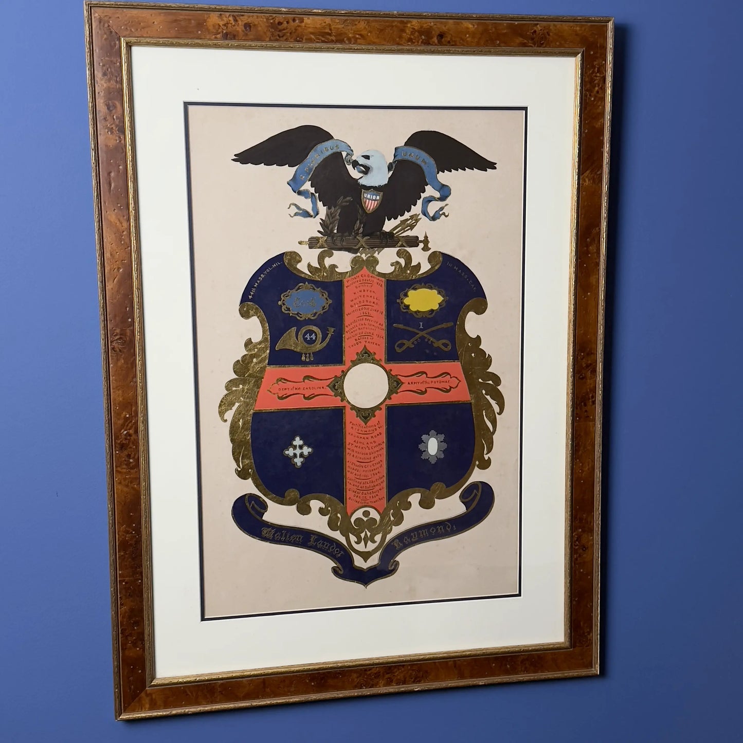 Civil War Escutcheon — Framed — Walton Landor Raymond — 44th Massachusetts Volunteer Militia and the 1st Mass. Cav.
