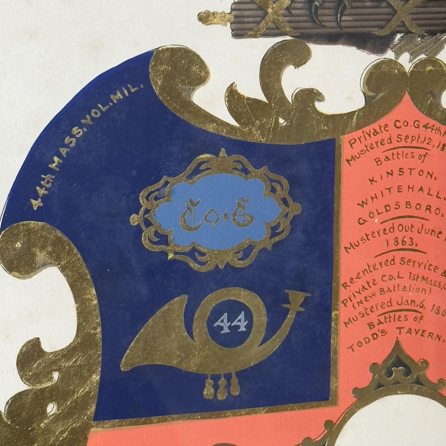 Civil War Escutcheon — Framed — Walton Landor Raymond — 44th Massachusetts Volunteer Militia and the 1st Mass. Cav.