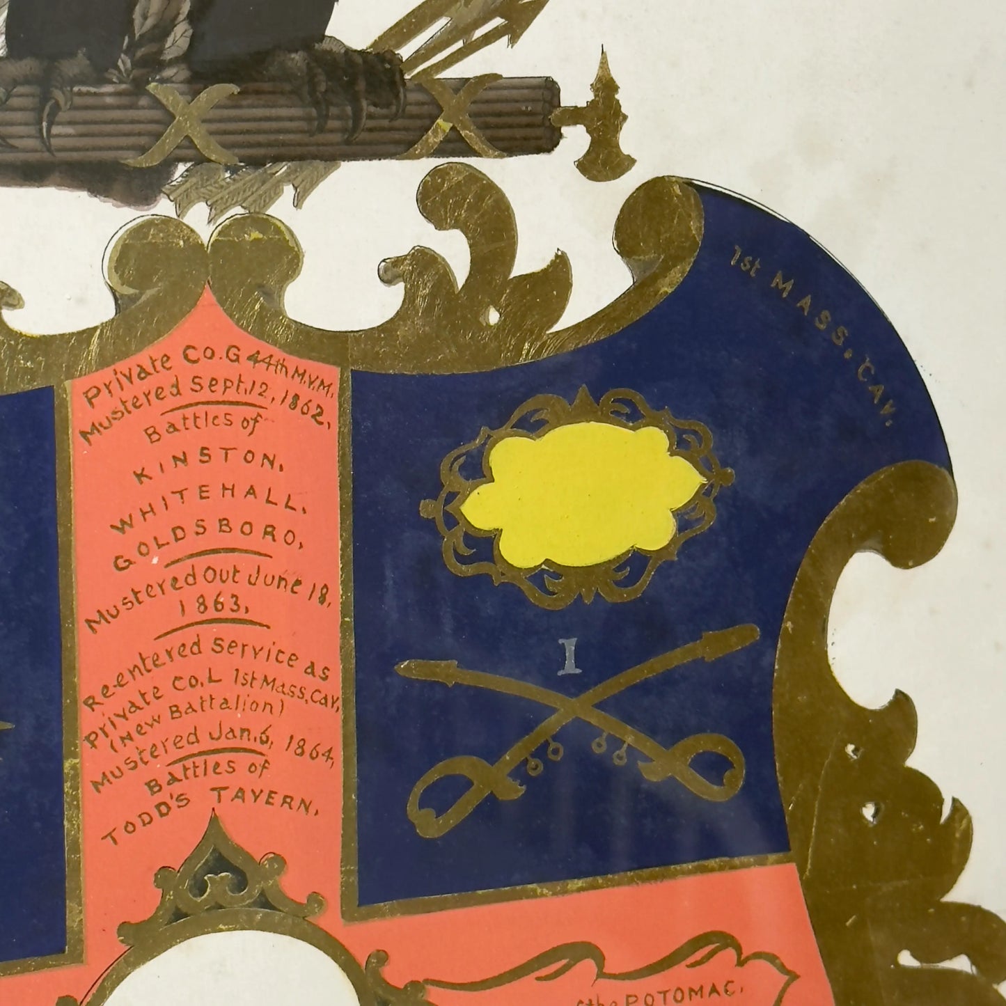 Civil War Escutcheon — Framed — Walton Landor Raymond — 44th Massachusetts Volunteer Militia and the 1st Mass. Cav.