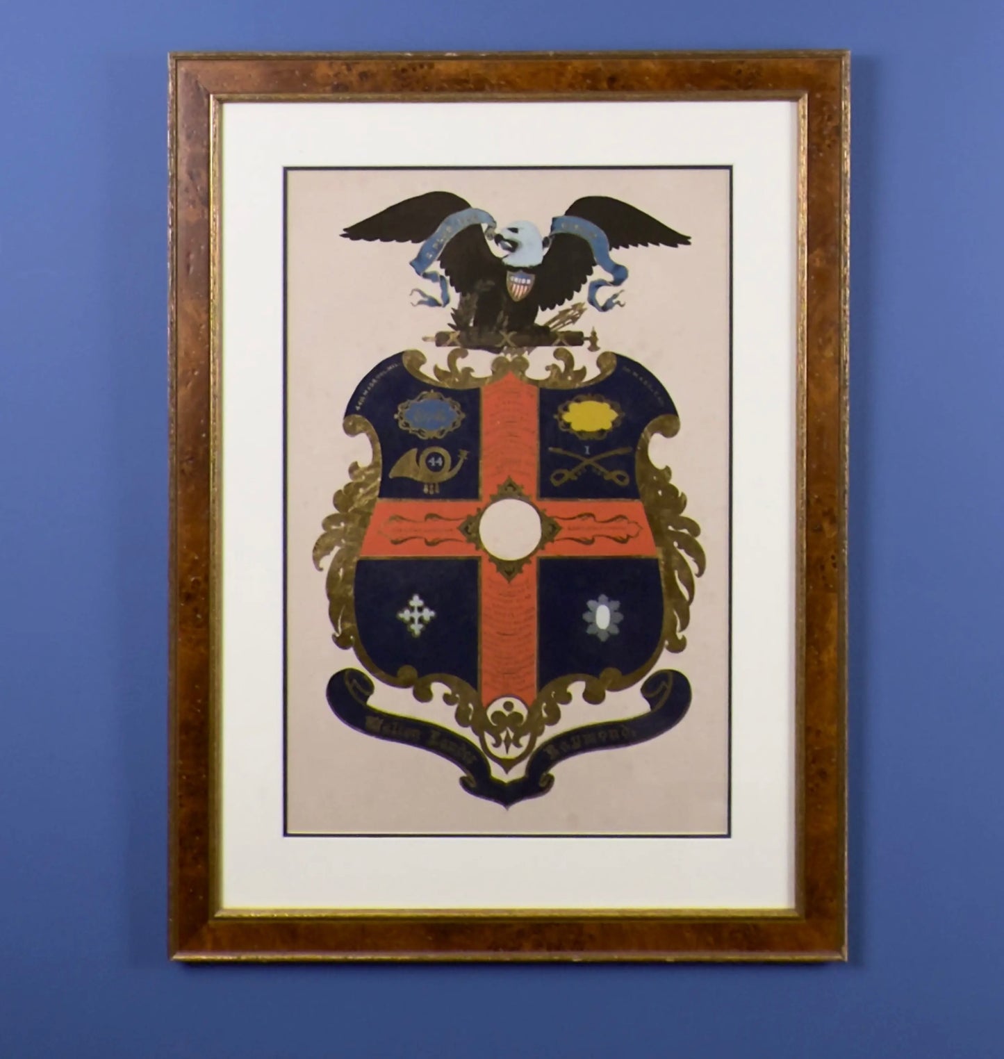 Civil War Escutcheon — Framed — Walton Landor Raymond — 44th Massachusetts Volunteer Militia and the 1st Mass. Cav.