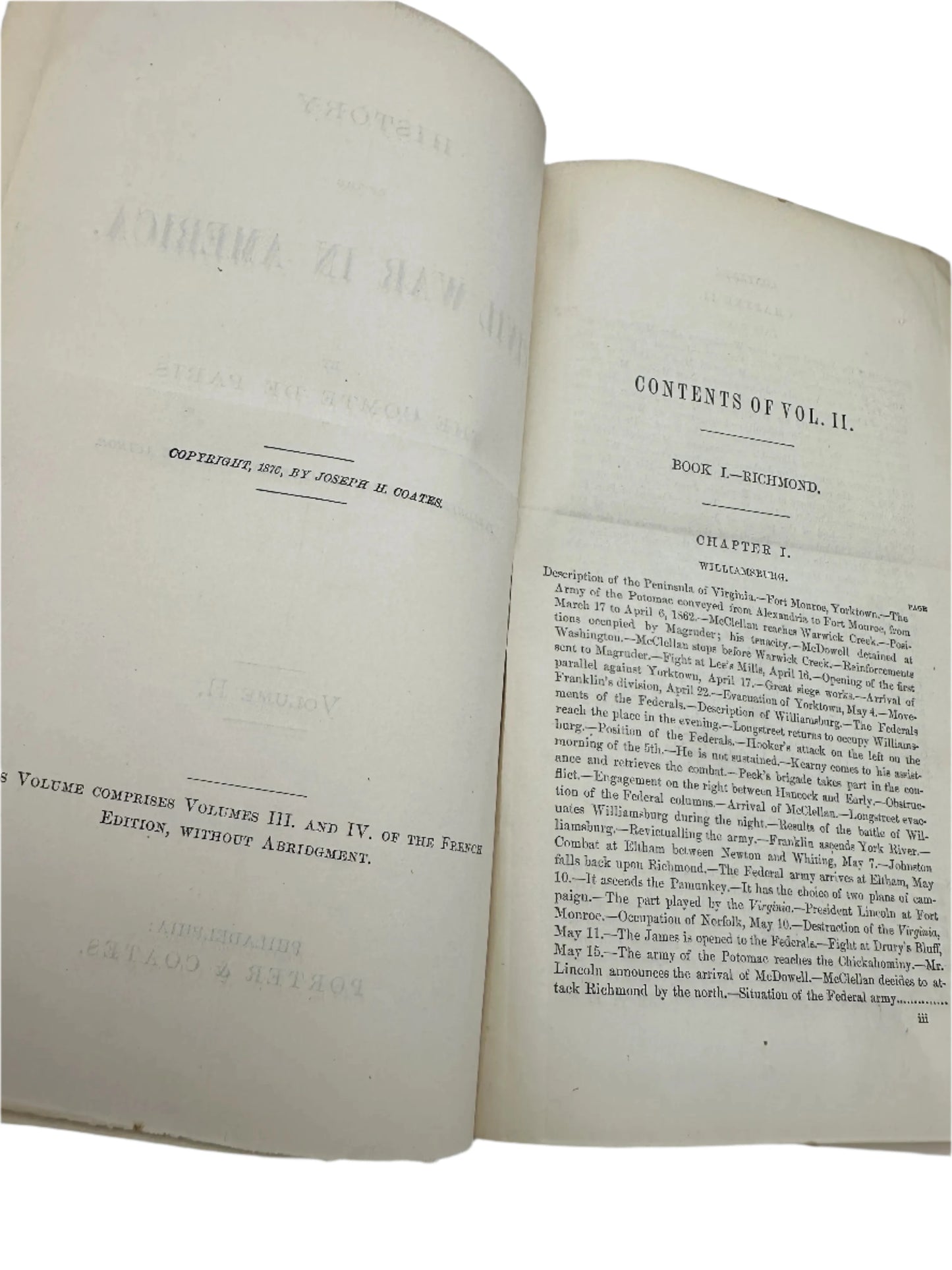 1875 "History of the Civil War in America" by Louis Philippe Albert, The Comte de Paris — Four volume set