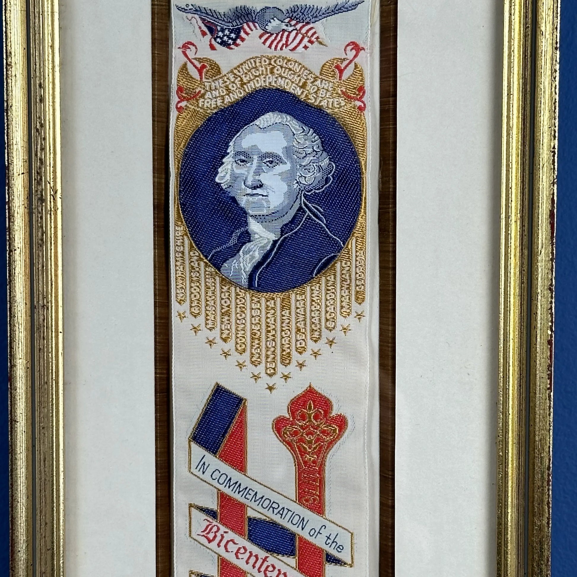 Close-up of George Washington Bicentennial Silk Stevengraph Ribbon — Framed from The History List Store.