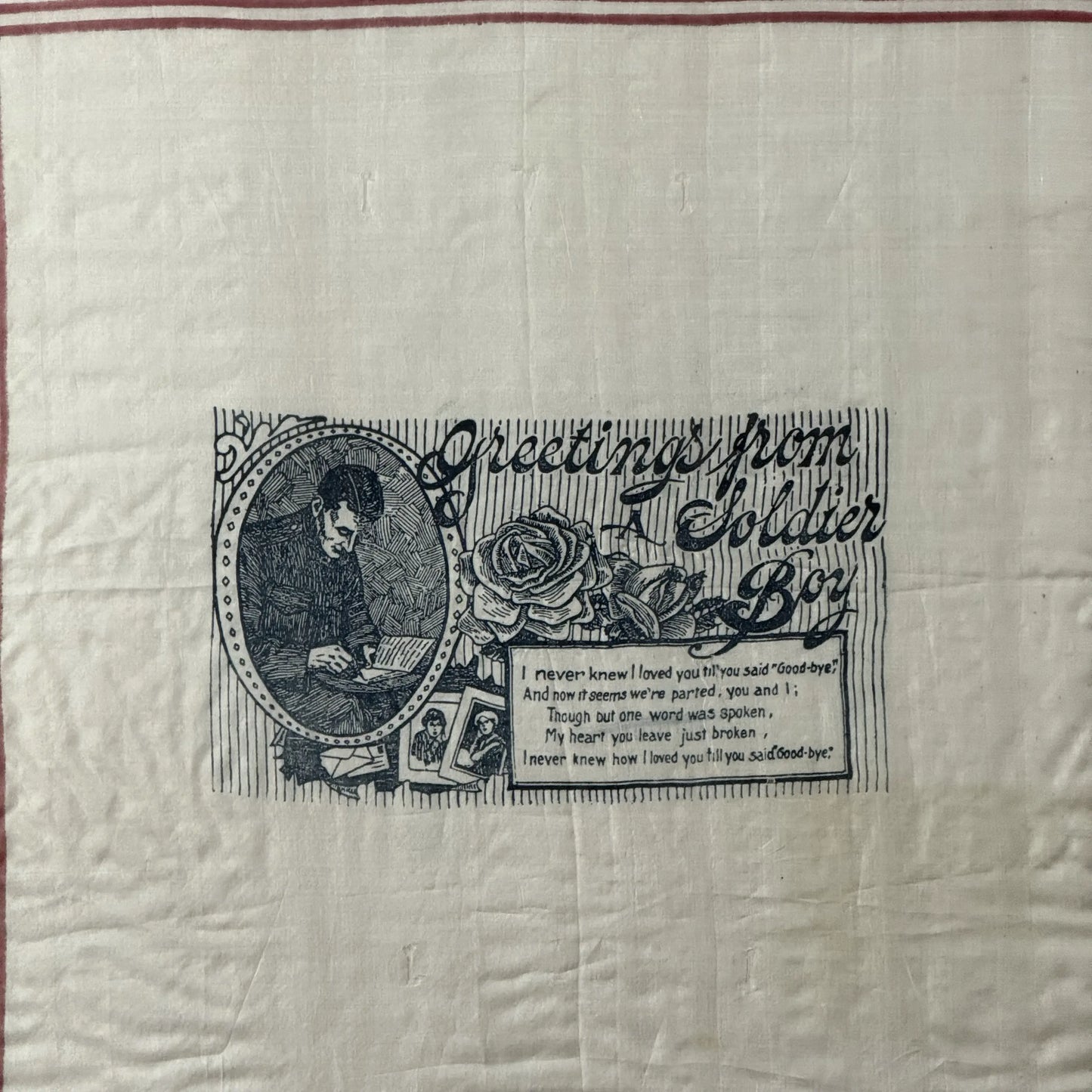 “Greetings from a Soldier Boy” — Framed WWI textile