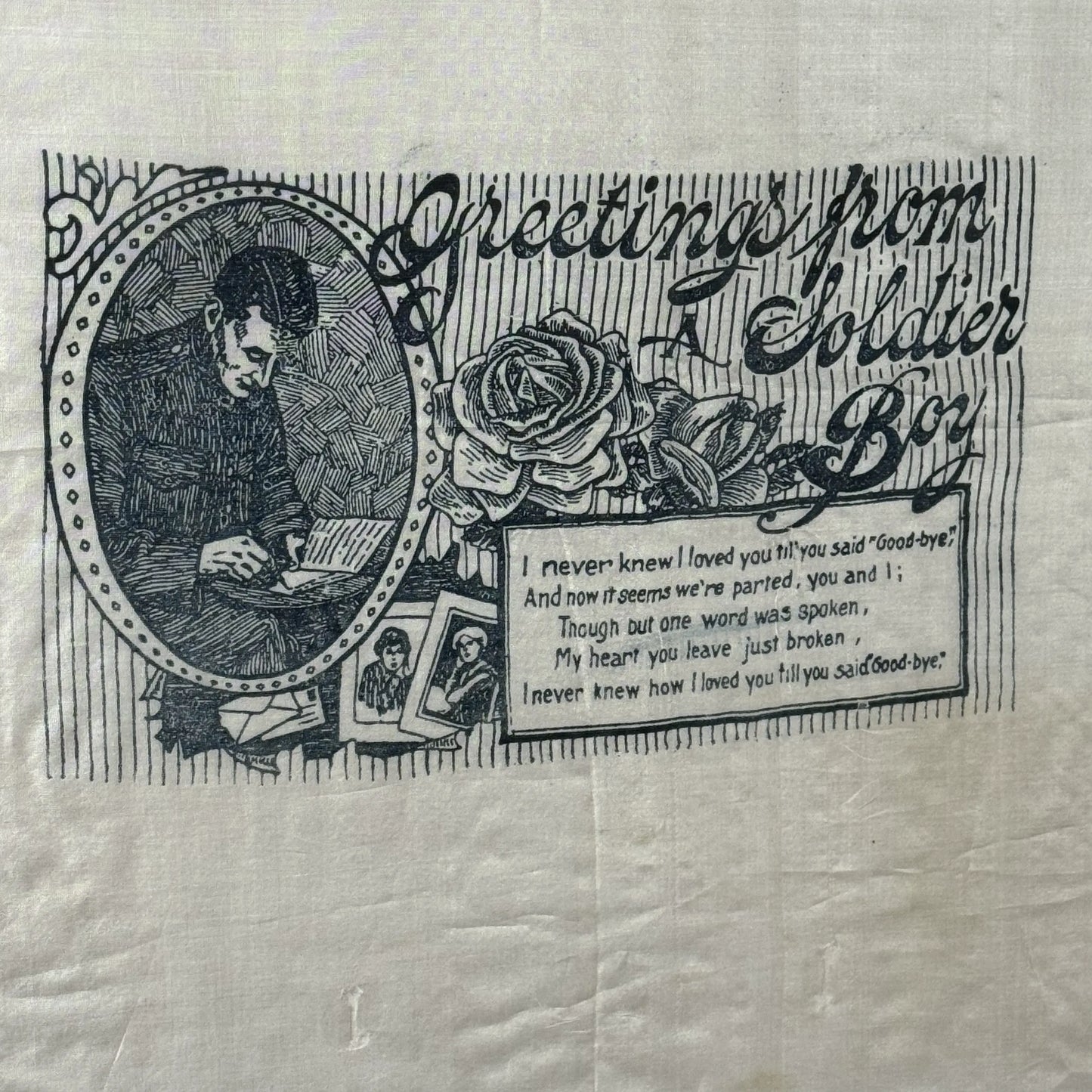 “Greetings from a Soldier Boy” — Framed WWI textile