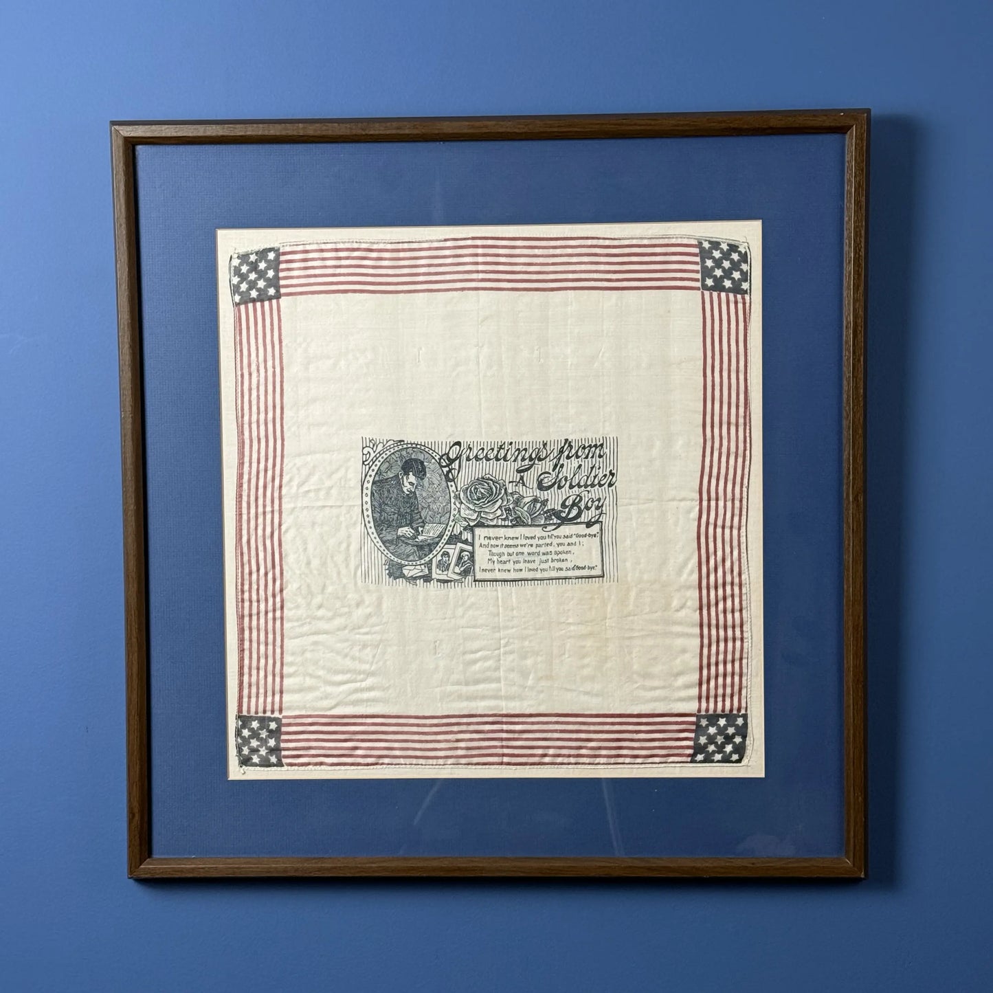 “Greetings from a Soldier Boy” — Framed WWI textile