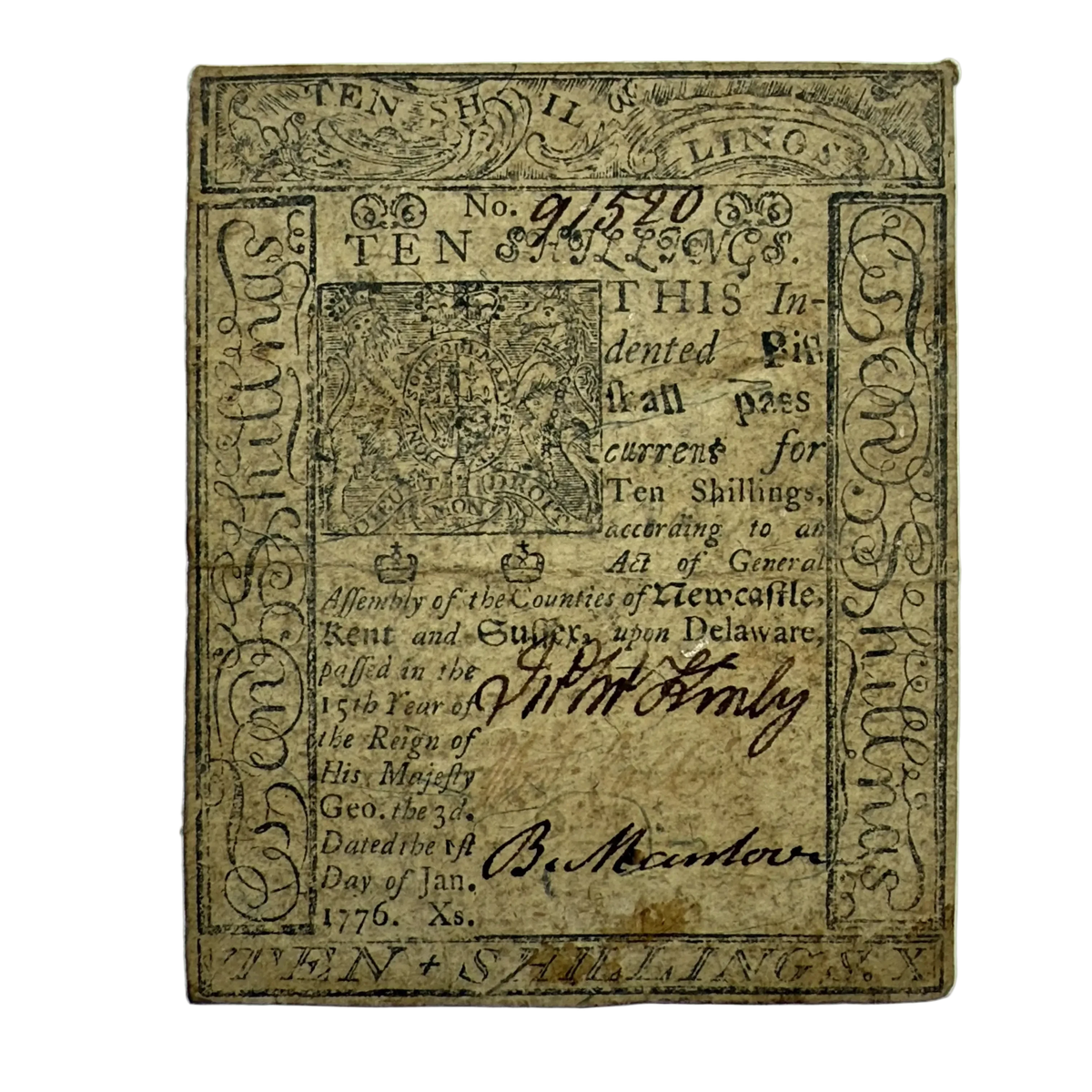 Colonial Currency — Delaware — January 1, 1776 — Ten Shillings Note