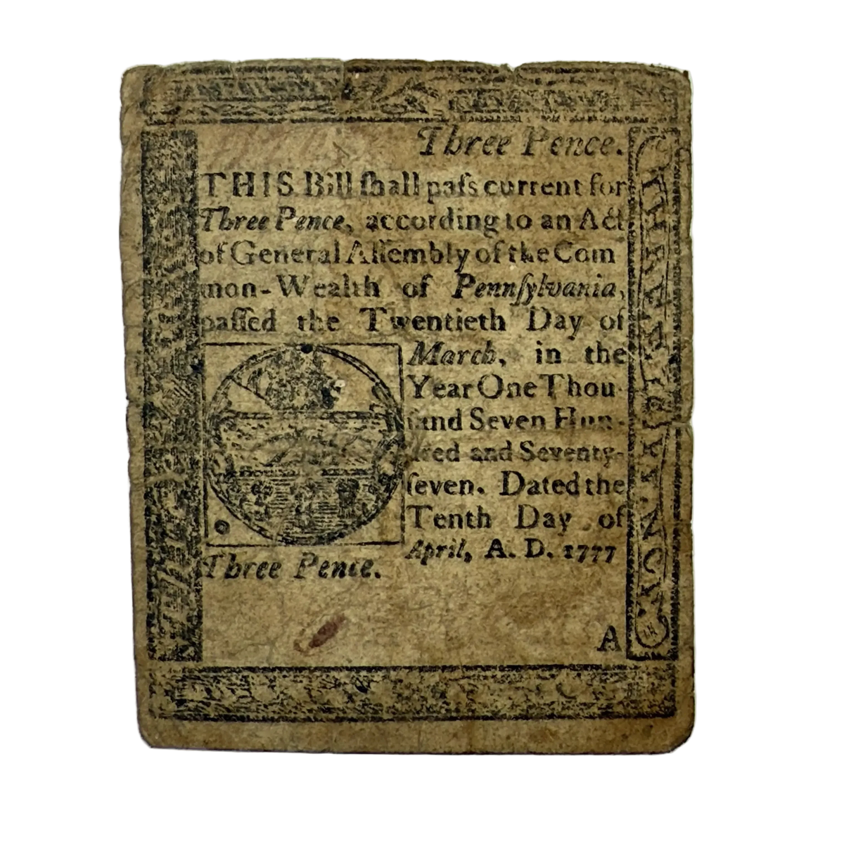 Colonial currency — Pennsylvania — April 10, 1777 — Three Pence