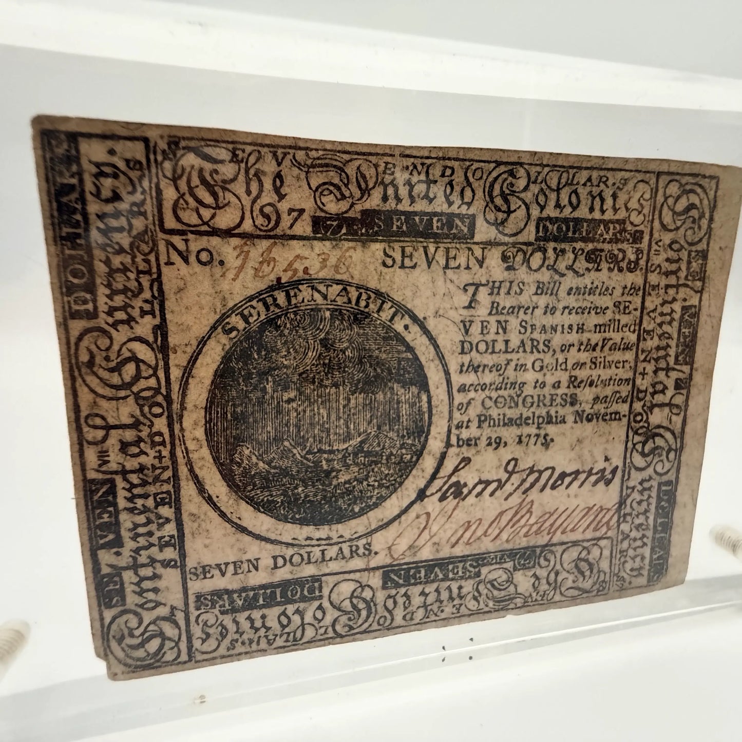 Colonial Currency — Philadelphia — November 29, 1775 — Seven Dollars — Signed by Samuel Morris and John Bayard