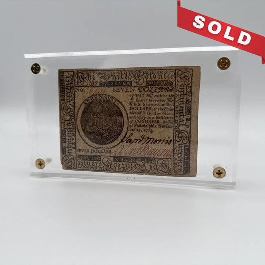 Colonial Currency — Philadelphia — November 29, 1775 — Seven Dollars — Signed by Samuel Morris and John Bayard
