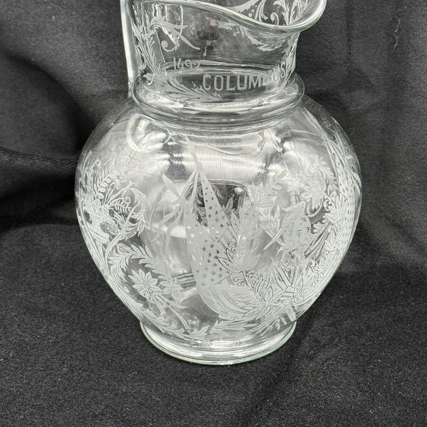 1892 Columbian Exposition Chicago World's Fair Large Etched Glass Pitcher with Christopher Columbus