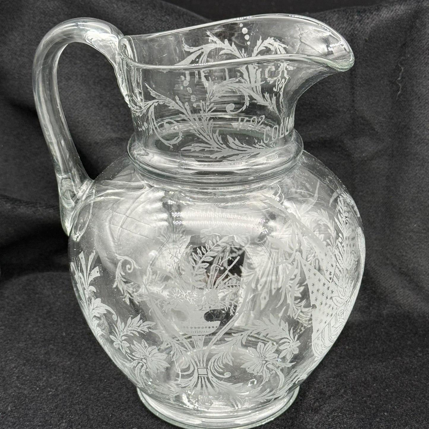 1892 Columbian Exposition Chicago World's Fair Large Etched Glass Pitcher with Christopher Columbus