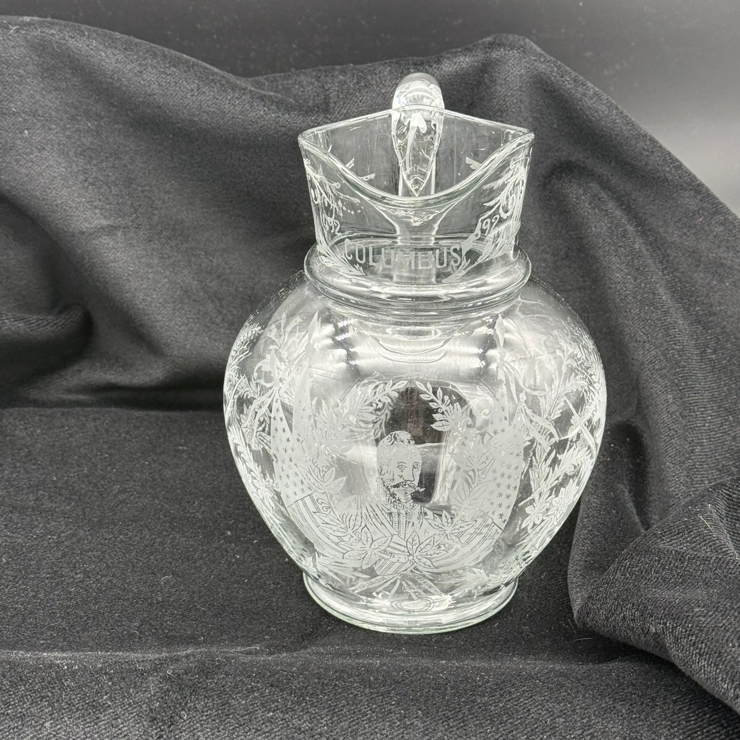 1892 Columbian Exposition Chicago World's Fair Large Etched Glass Pitcher with Christopher Columbus