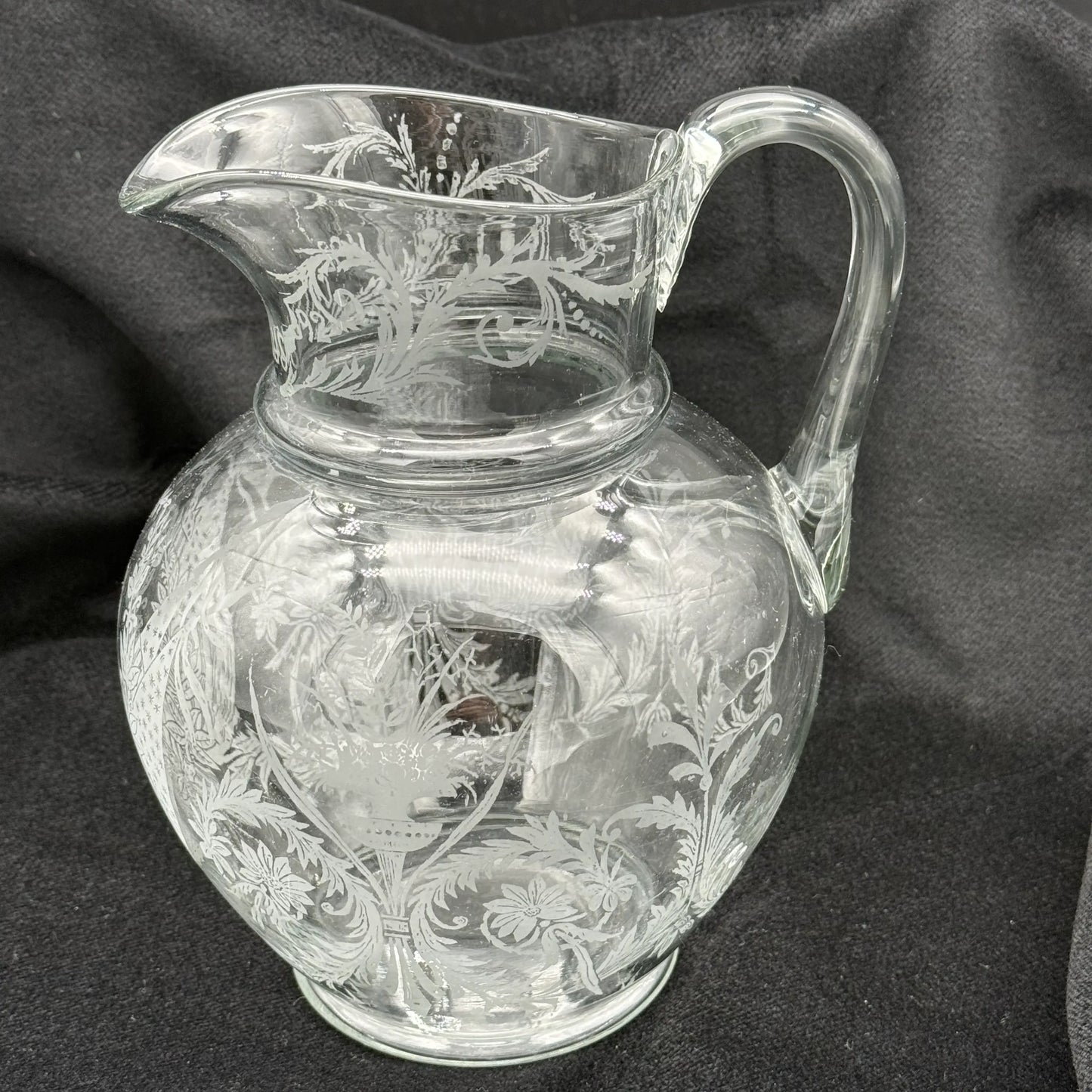 1892 Columbian Exposition Chicago World's Fair Large Etched Glass Pitcher with Christopher Columbus