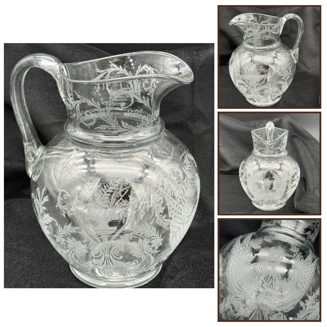 1892 Columbian Exposition Chicago World's Fair Large Etched Glass Pitcher with Christopher Columbus