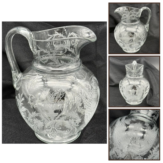 1892 Columbian Exposition Chicago World's Fair Large Etched Glass Pitcher with Christopher Columbus