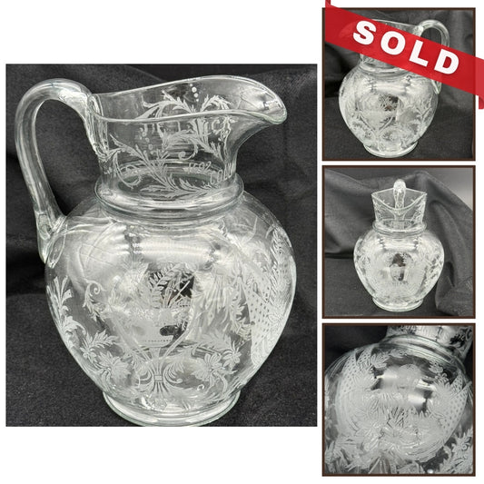 1892 Columbian Exposition Chicago World's Fair Large Etched Glass Pitcher with Christopher Columbus