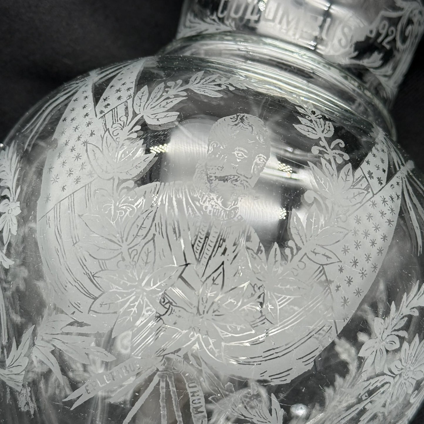 1892 Columbian Exposition Chicago World's Fair Large Etched Glass Pitcher with Christopher Columbus