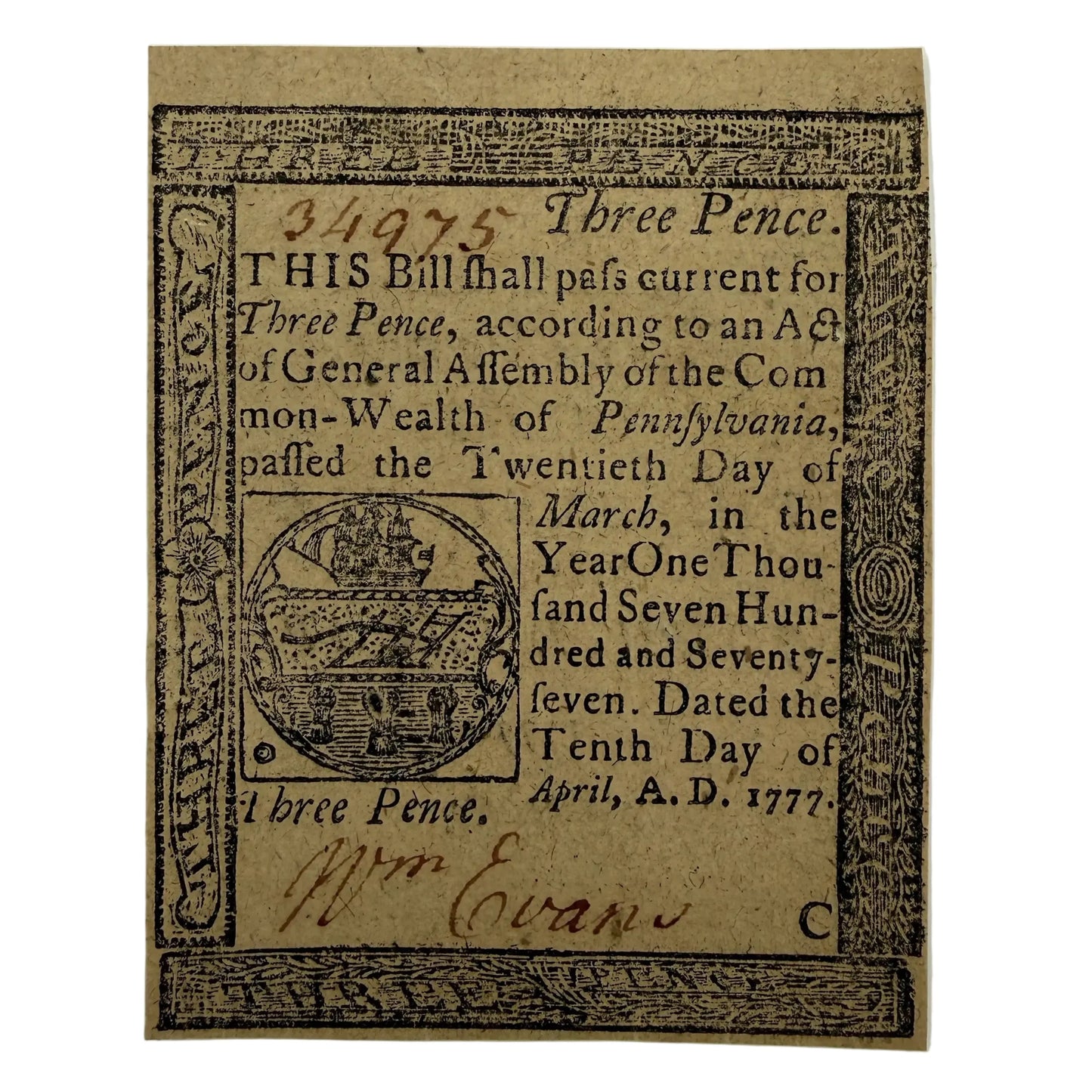 Colonial Currency Three Pence Pennsylavania year 1777 from The History List store