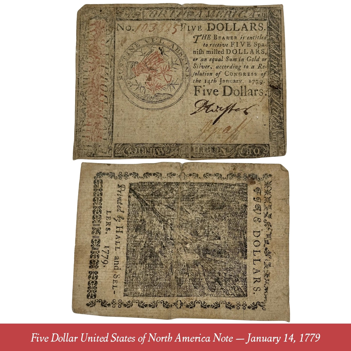Five Colonial Currency Notes from 1770 to 1779, including North Carolina (1776), South Carolina, and Maryland