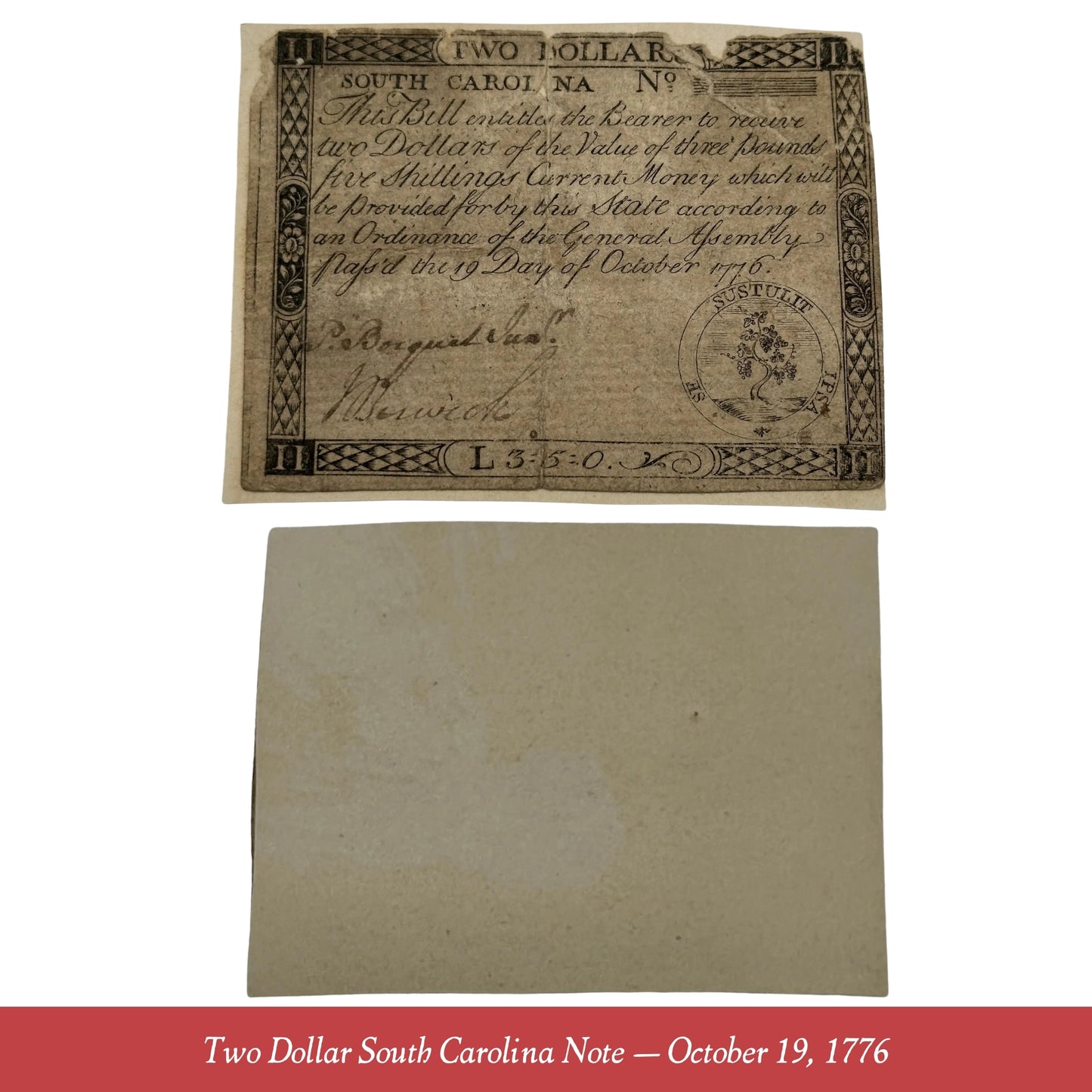 Five Colonial Currency Notes from 1770 to 1779, including North Carolina (1776), South Carolina, and Maryland