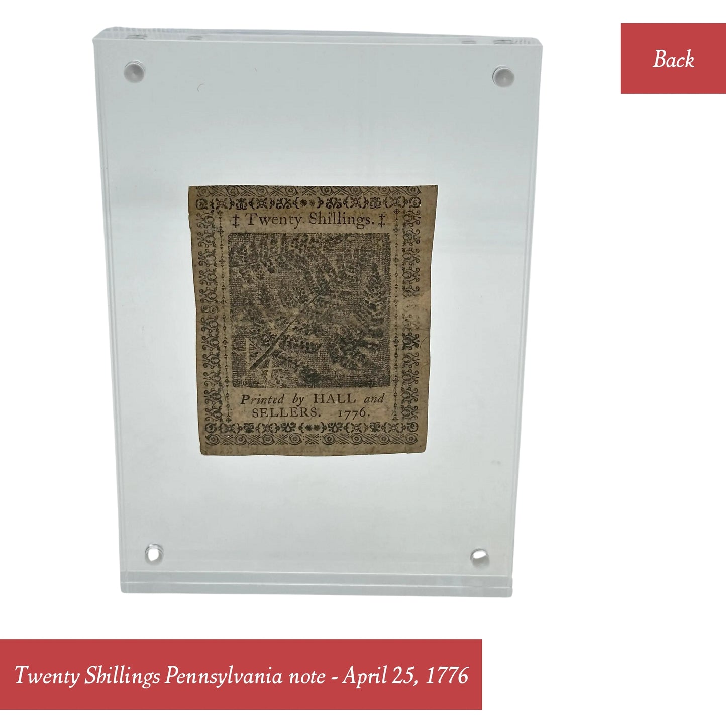 Back view of Twenty Shillings Pennsylvania note (April 25, 1776) — — From The History List Store