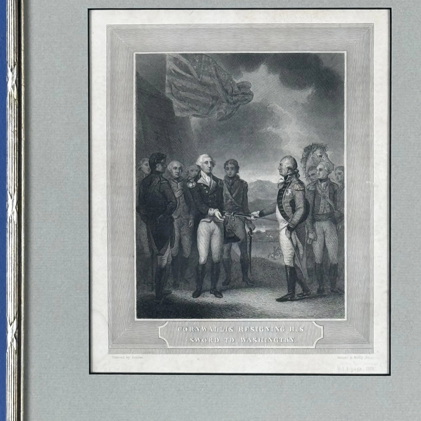 "Cornwallis resigning his sword to Washington" steel engraving — Framed