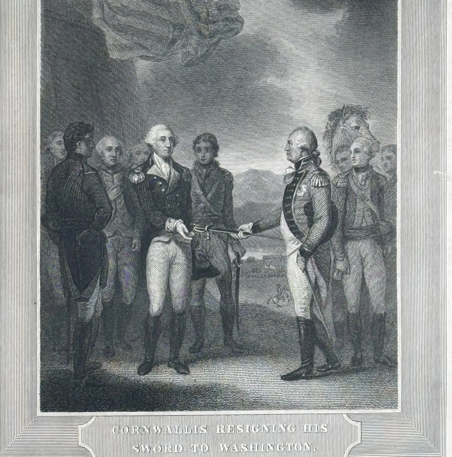 "Cornwallis resigning his sword to Washington" steel engraving — Framed