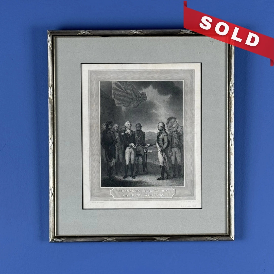 "Cornwallis resigning his sword to Washington" steel engraving — Framed